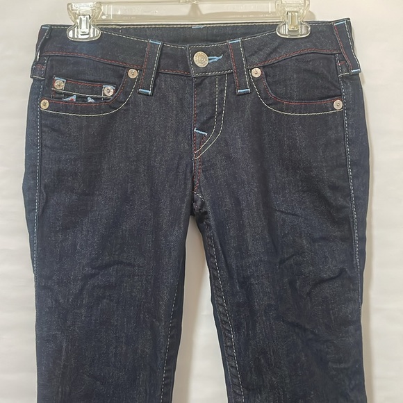 TRUE RELIGION WLHJ58FE2 Americana Chain Dark Rinse Capri Jeans $209 EUC 28 - Picture 3 of 13